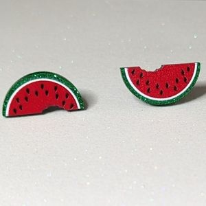 Watermelon slice red glitter acrylic stud earrings